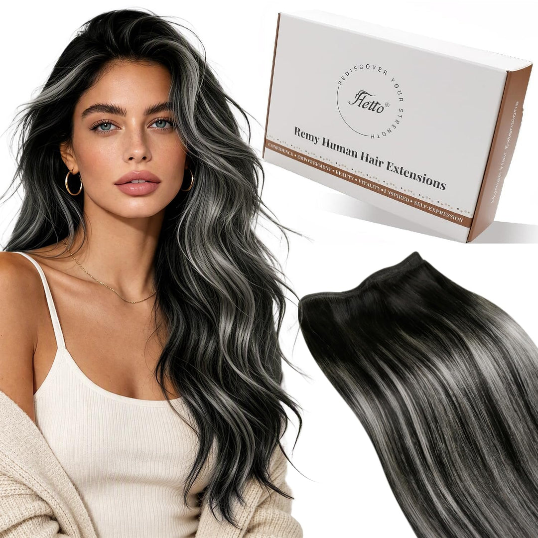 Hetto Tressen Echthaar Balayage Schwarz &amp; Silber 50cm 100g - Für Komplette Verlängerungen, Robuste W