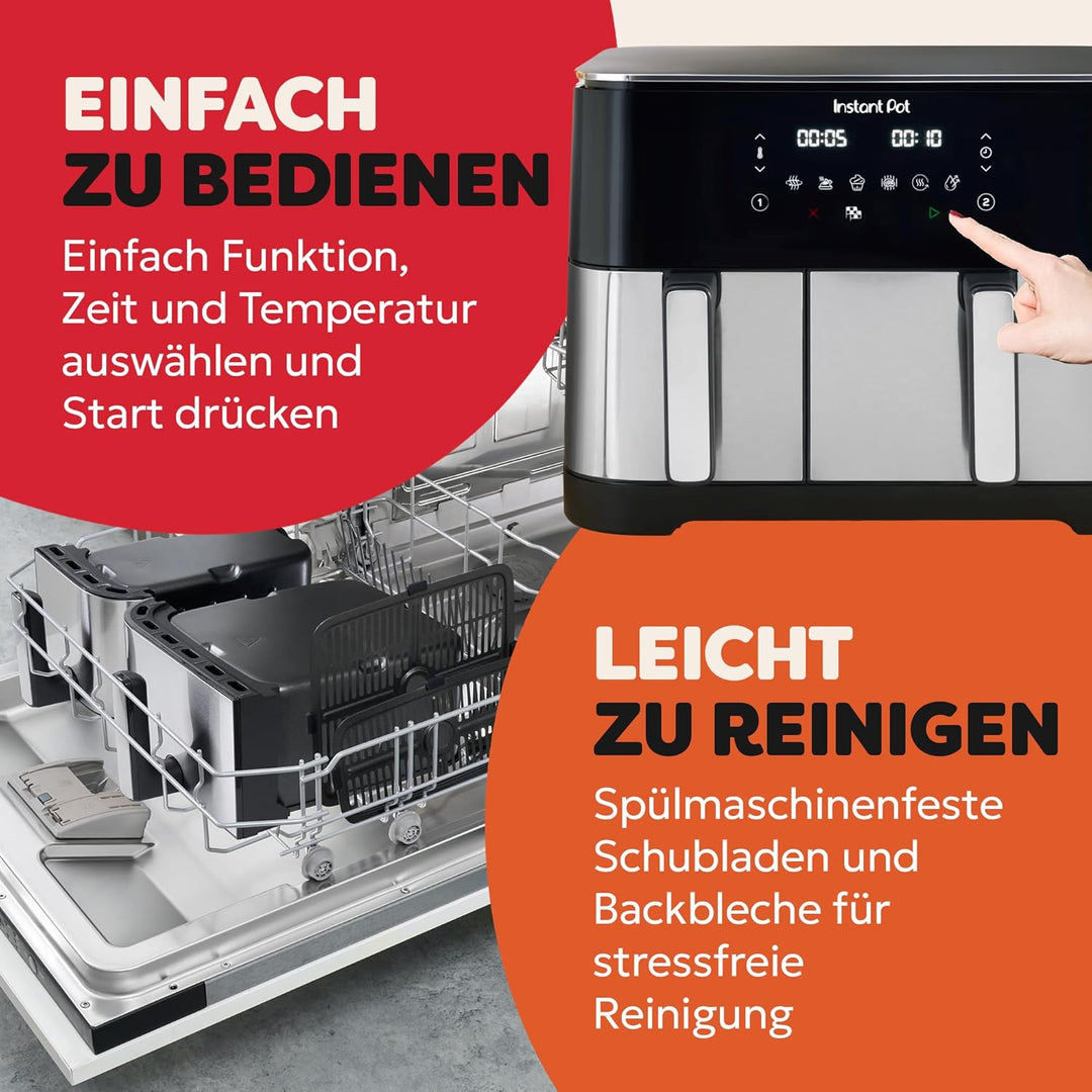 Instant Pot Vortex Dual PFAS-freie Heissluftfritteuse, gross, 11 l, zwei Körbe, 7 l + 4 l, 8 in 1 –