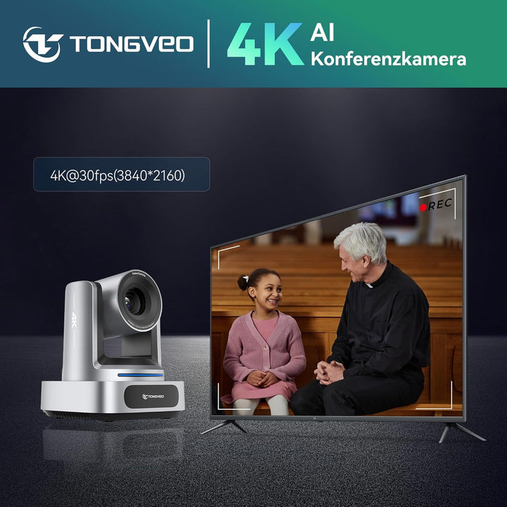 TONGVEO AI 4K PTZ Kamera mit Auto-Tracking, 10-facher optischer Zoom Videokonferenzkamera, HDMI & US