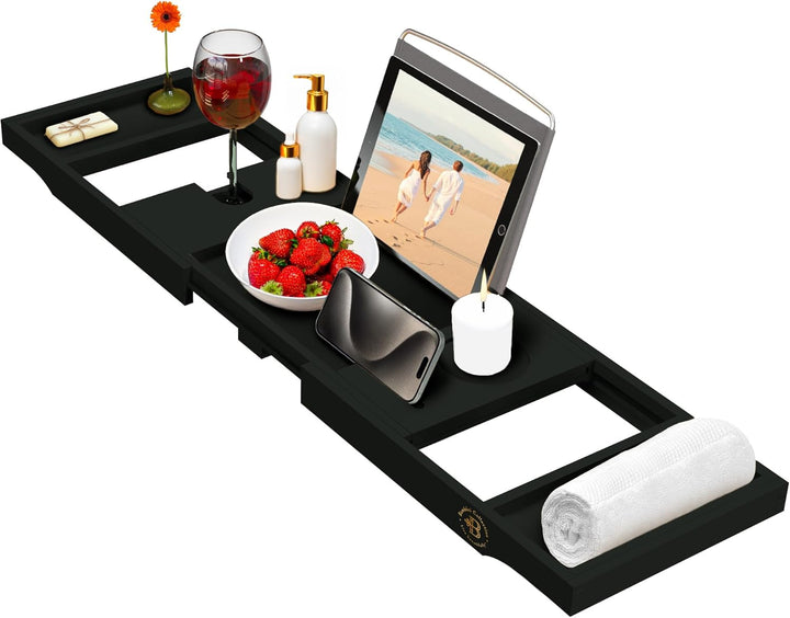 Premium Badewannen-Tablett aus Bambus – erweiterbares Badezimmer-Tablett aus Holz – verstellbares Ba
