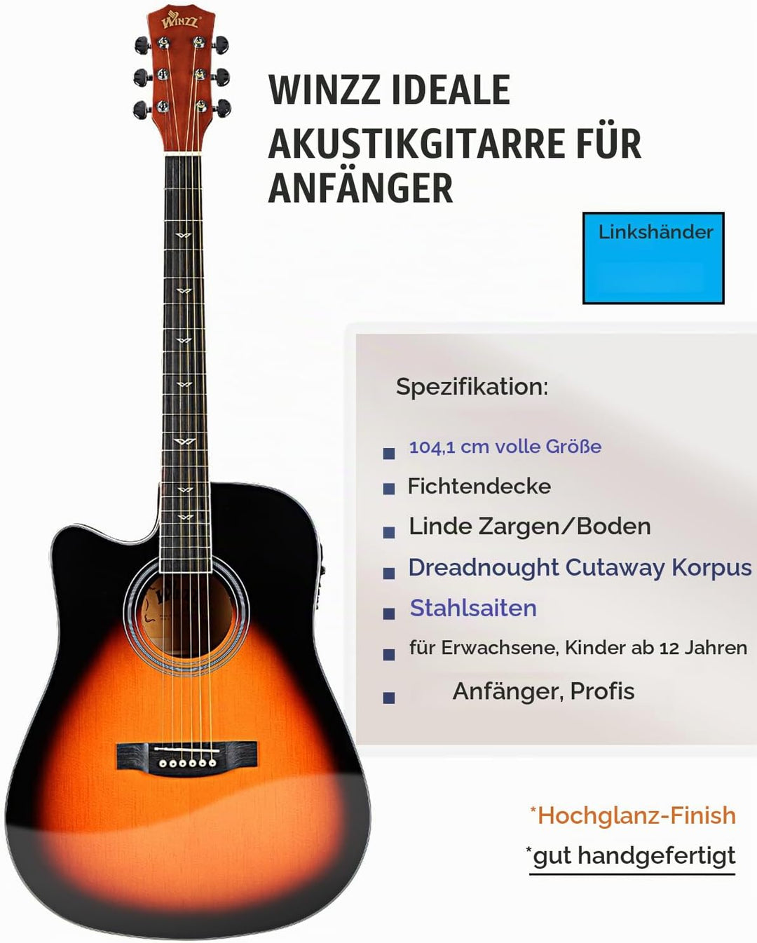 Winzz 4/4 Elektro-Akustische Gitarre, Linkshänder Westerngitarre Set Erwachsene Anfänger, Akustikgit