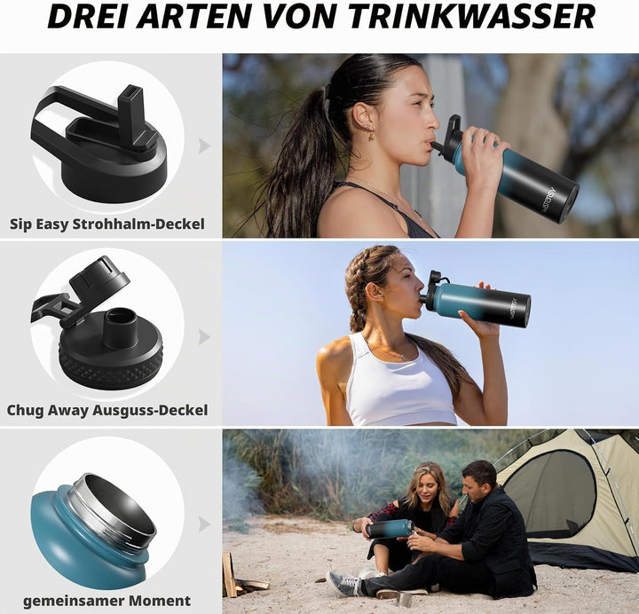 WATERSY Isolierte Edelstahl Thermosflasche 40oz Vakuumisolierte Trinkflasche mit 2 Deckel Auslaufsic
