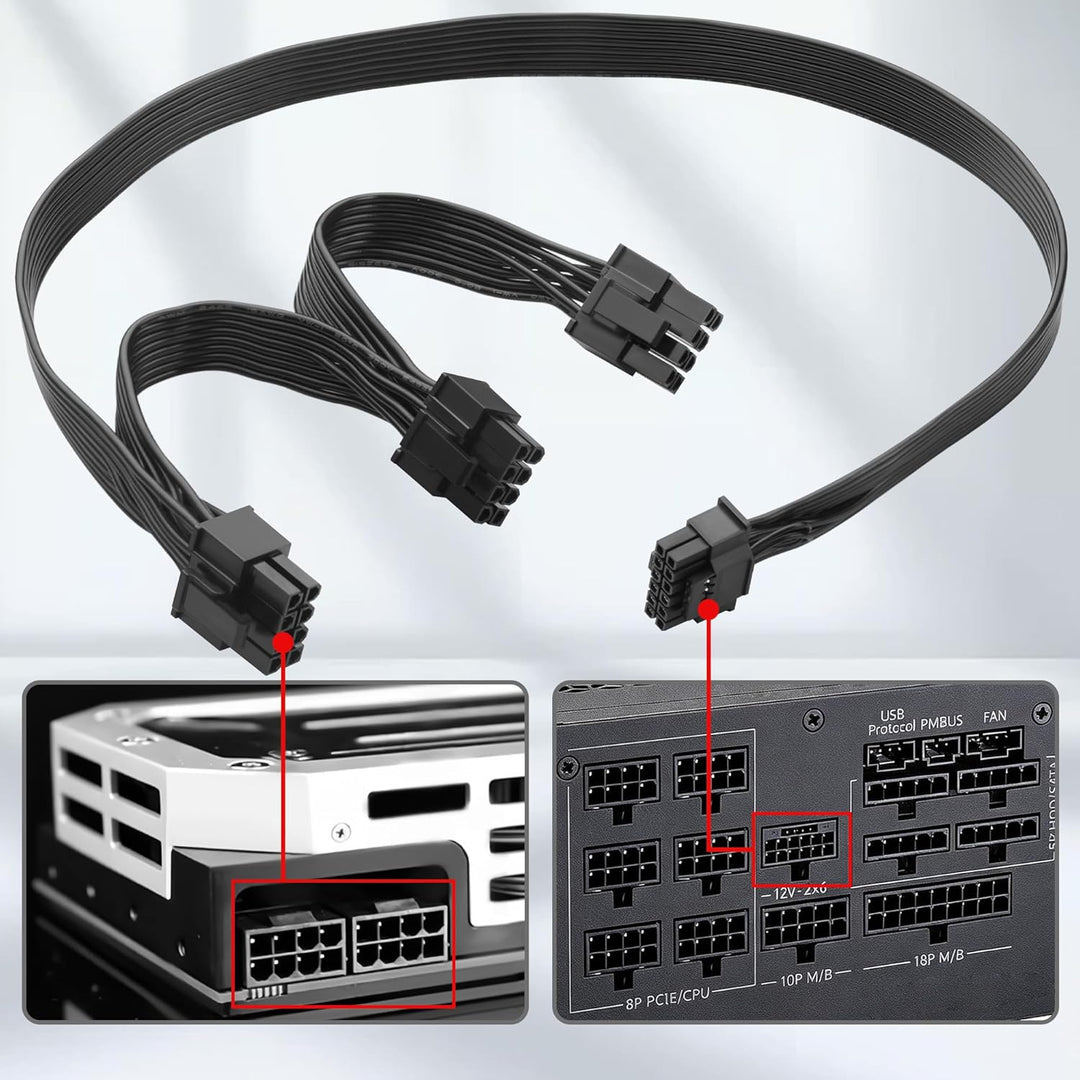 Adapterkabel 12 VHPWR auf 3 x 8 Pin PCIe für Grafikkarte, 18 AWG, massives Kupfer, 50 + 15 + 15 cm