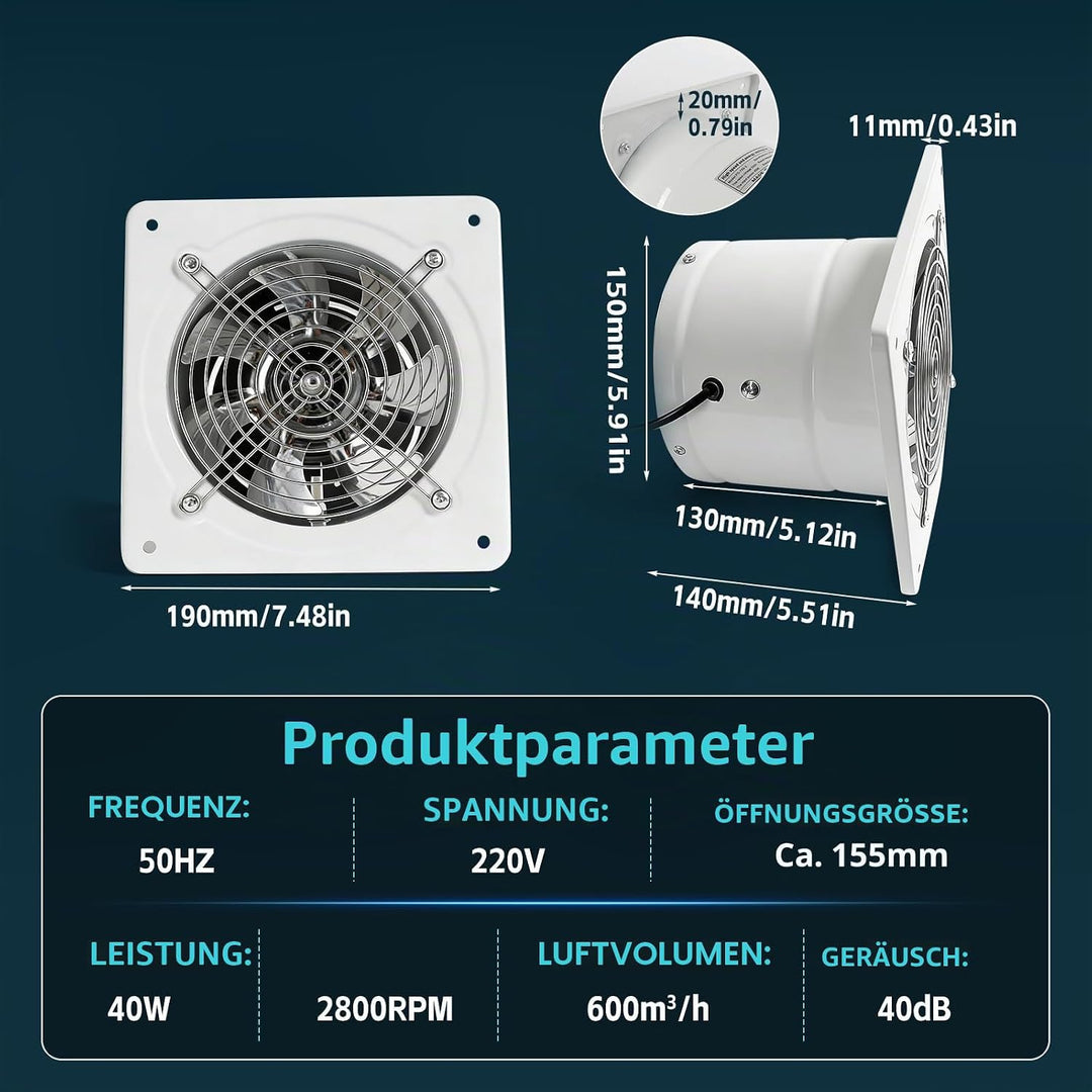 150mm Abluftventilator 600m³/h, Leiser mit Schalter, Stecker, Rückstauklappe, 40W Industrieller Wand