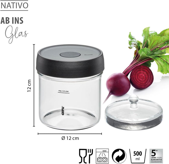 GEFU Set: Fermentierglas NATIVO, 0,5 l + Küchenzange und Stössel NATIVO 0,5 Liter (mit Stössel und Z