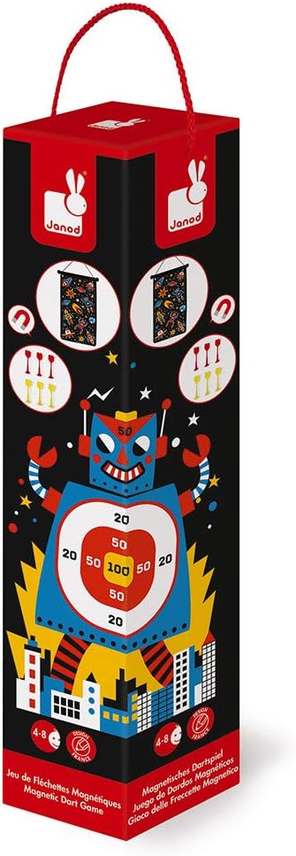 Janod - Magnetisches Dartspiel mit Roboter-Motiv, doppelseitig, Geschicklichkeitsspiel, zum Erlernen
