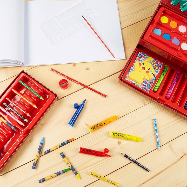 Pokemon Malkoffer Kinder Bastelset Malen Set mit Wasserfarben Filzstifte Buntstifte Wachsmalstifte P