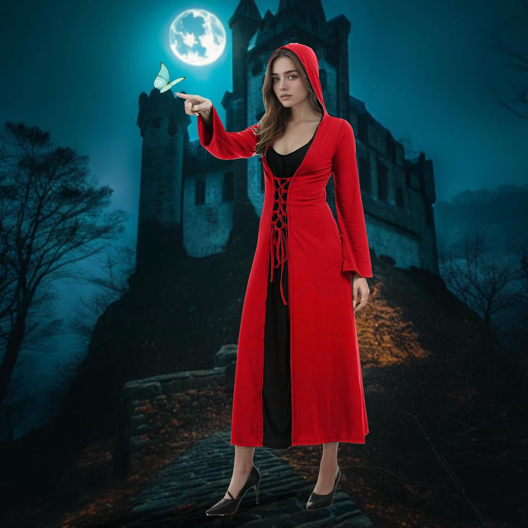 FSUJWOA Frauen Halloween Kostüme für Erwachsene mittelalterlich Kapuze Maxi Kleid für Frauen Mode Ro
