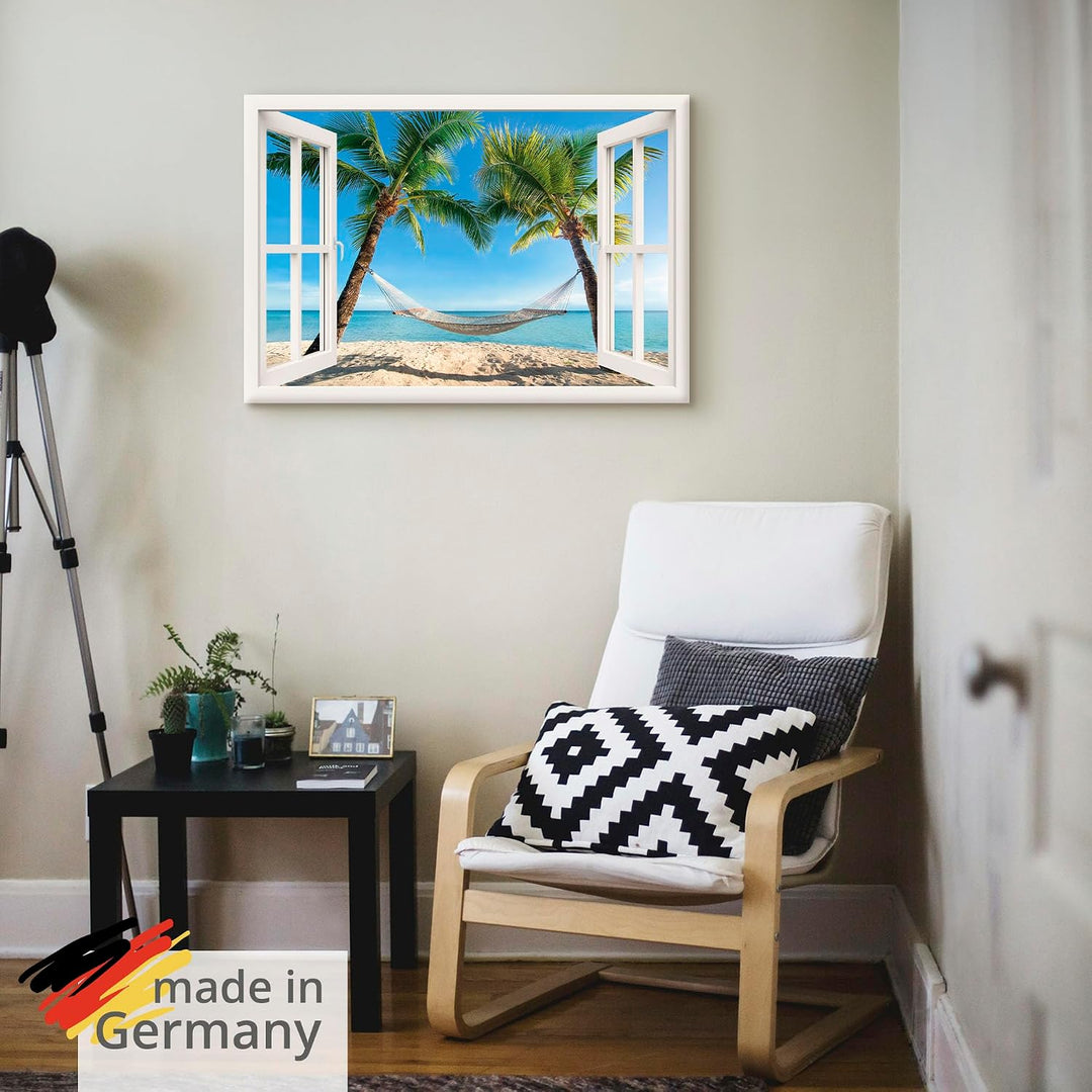 Artland Leinwandbild Wandbild Bild auf Leinwand 70x50 cm Wanddeko Fensterblick Fenster Strand Karibi