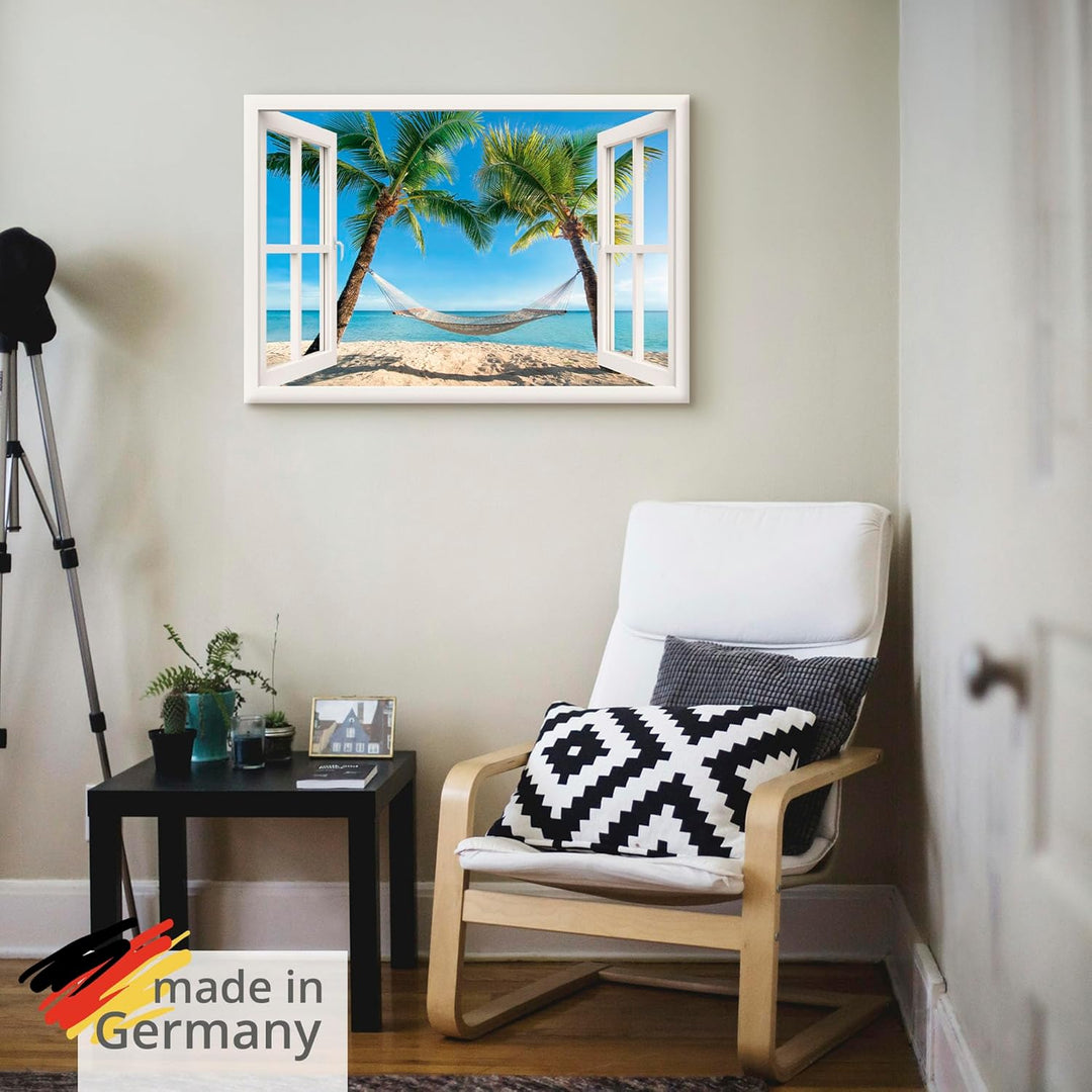 Artland Leinwandbild Wandbild Bild auf Leinwand 70x50 cm Wanddeko Fensterblick Fenster Strand Karibi