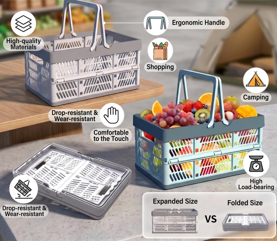 Einkaufskorb Klappbox Klein mit Griff – Faltbarer Einkaufskorb Plastik, Kleiner Korb mit Henkel, Sta