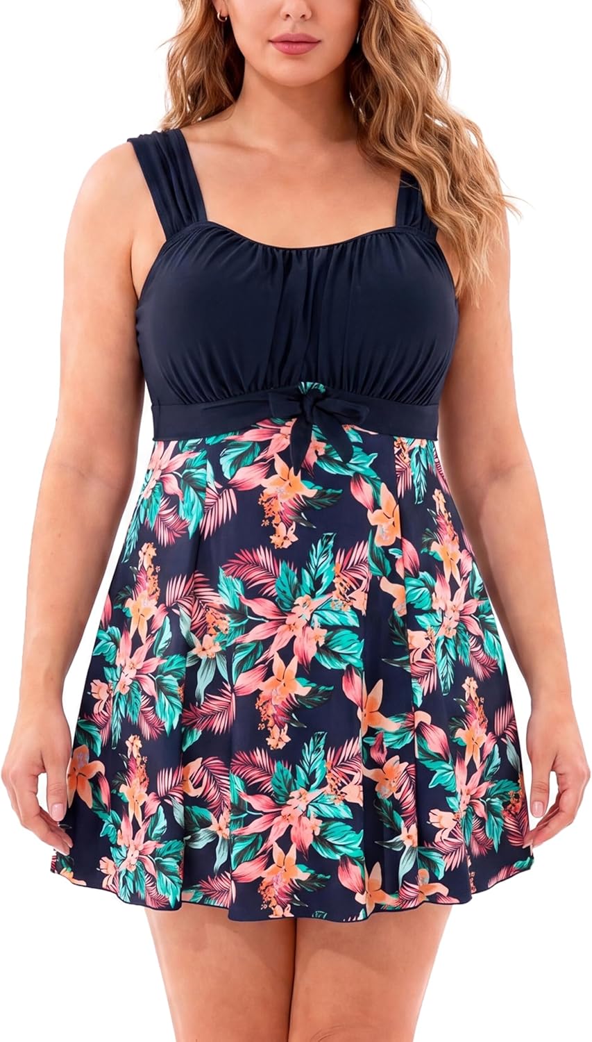 Wantdo Damen Badeanzüge Sommer Bauchweg Tankini Bademode mit Bügel Badekleid Einteiler Schlanke Stra
