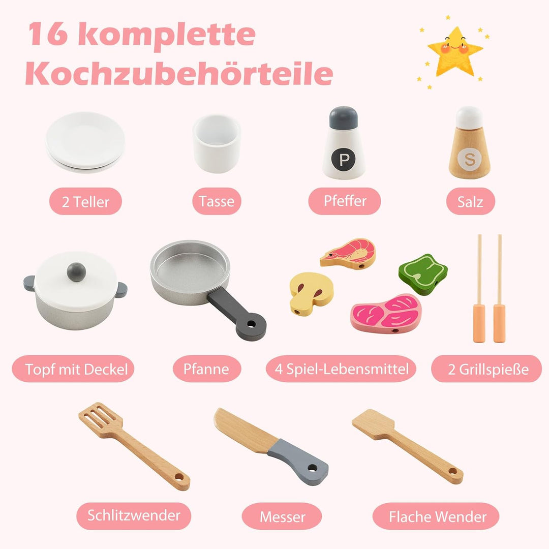 COSTWAY Kinderküche Holz, Spielküche mit Dustabzughaube, Kühlschrank, Wasserhahn & Küchenutensilien,