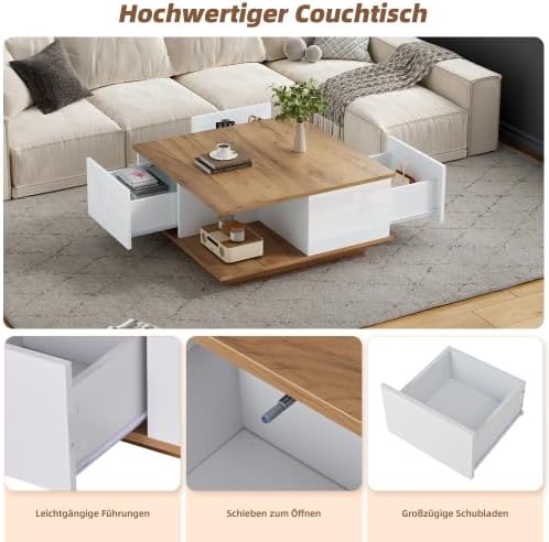 Merax Moderner Couchtisch Weiss + Holzfarbe – Quadratischer Sofatisch mit 3 Schubladen und Hochglanz