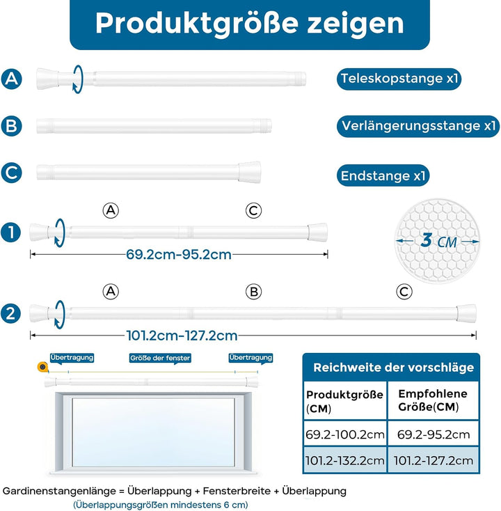 AIZESI 2 Stück Gardinenstange ohne Bohren 70-120cm Teleskopstange Vorhangstange Duschvorhangstange S