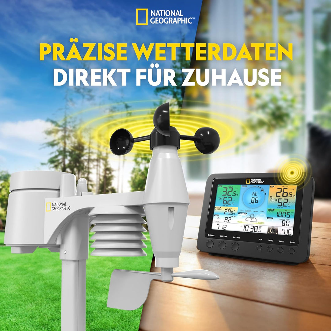 National Geographic Wetterstation Funk mit Aussensensor WLAN Farbwettercenter mit 7-in-1 Profi-Senso