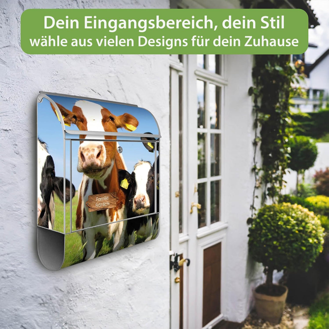banjado® Design Briefkasten personalisiert Kühe 38,5x46,5x13cm & 2 Schlüssel - Briefkasten Stahl Sil