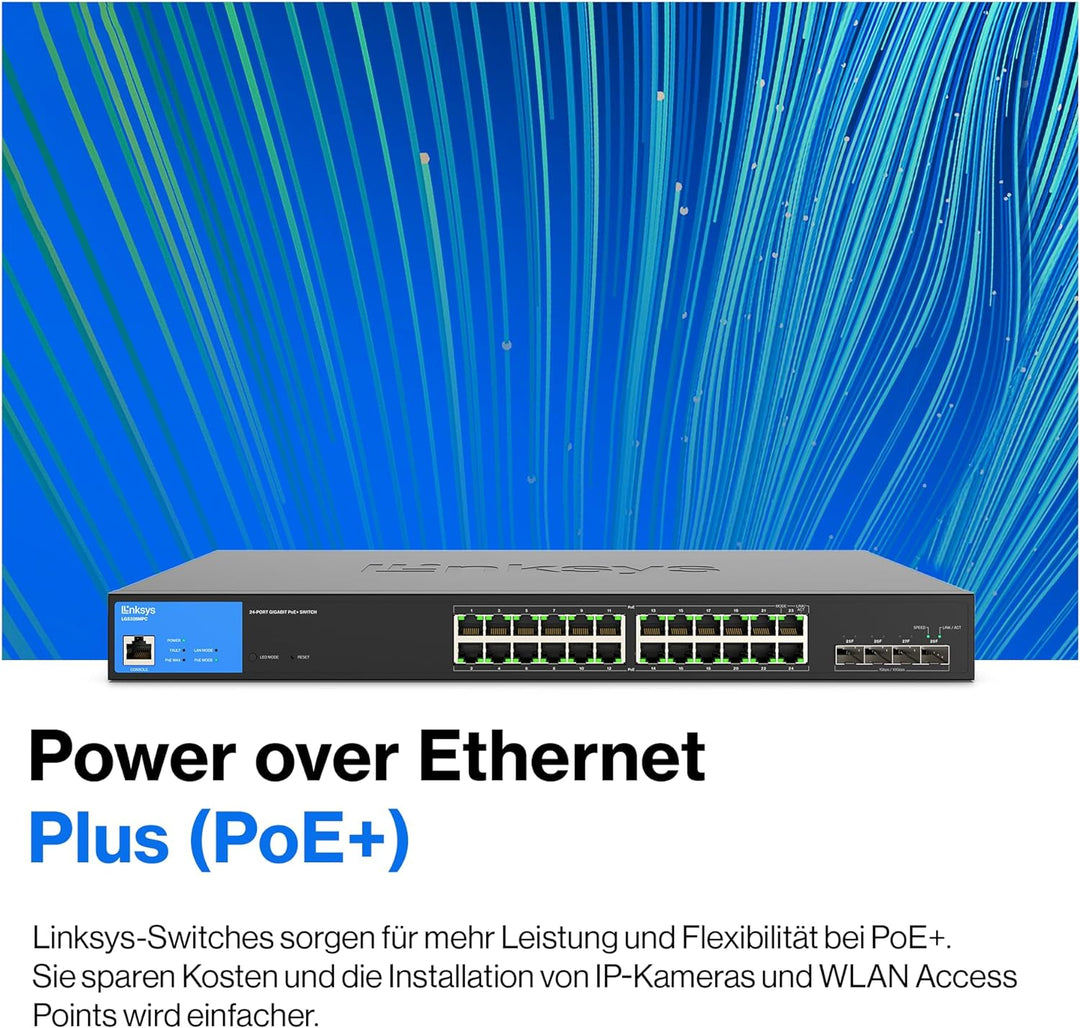 Linksys LGS328MPC-EU 24-Port Gigabit-Netzwerk-PoE+-Switch, 410 W, 4 10G-Uplink-SFP+-Steckplätze – Sm