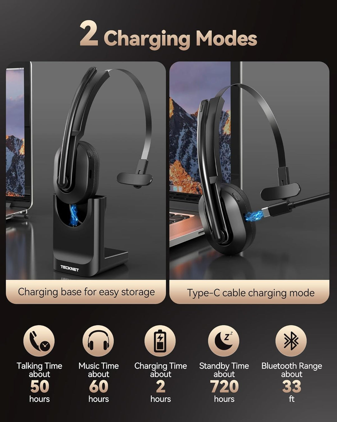 TECKNET V5.2 Bluetooth Headset mit Mikrofon, Wireless Headset mit Ladestation, MIC ENC Noise Cancell