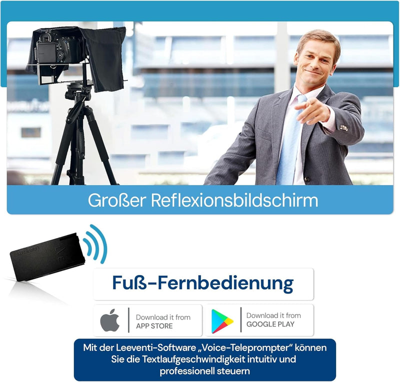 Leeventi Teleprompter 4.0 I Kompatibel mit iPhone, iPad, Android Smartphones, Foto- oder Videokamera