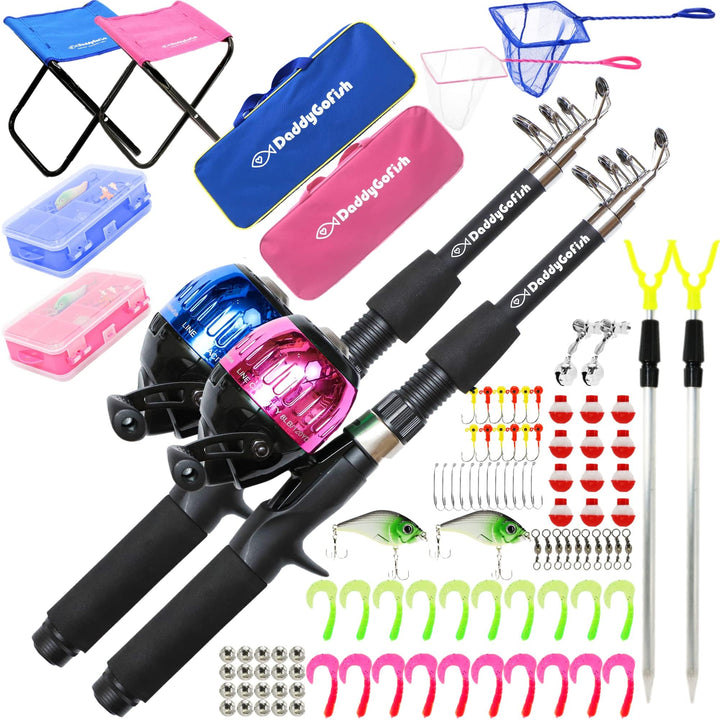 DaddyGoFish Kinder Angelset - Teleskoprute &amp; Rolle Combo mit Klappstuhl, Rutenhalter, Tackle Box, Kö
