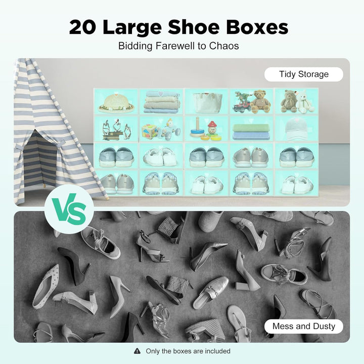 20er Pack Schuhboxen, Schuhboxen Stapelbar Transparent, Faltbar Schuhaufbewahrung mit Tür für Schran