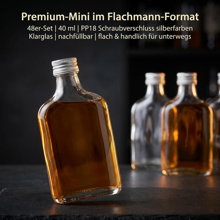 gouveo 48er Set Mini Glasflaschen 40 ml (0,04 l) Flachmann mit Schraubverschluss silberfarben – Klei