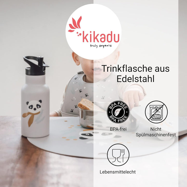 kikadu Trinkflasche Panda Silber Grau - Kindergeschirr, BPA-frei, mit niedlichen Aufdrucken, Fassung