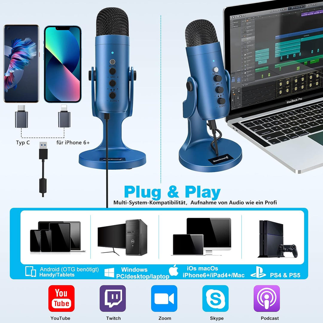 zealsound USB Mikrofon, Mikrofon Handy PC, Kondensatormikrofon mit Adapter für Smartphone, Laptop, P
