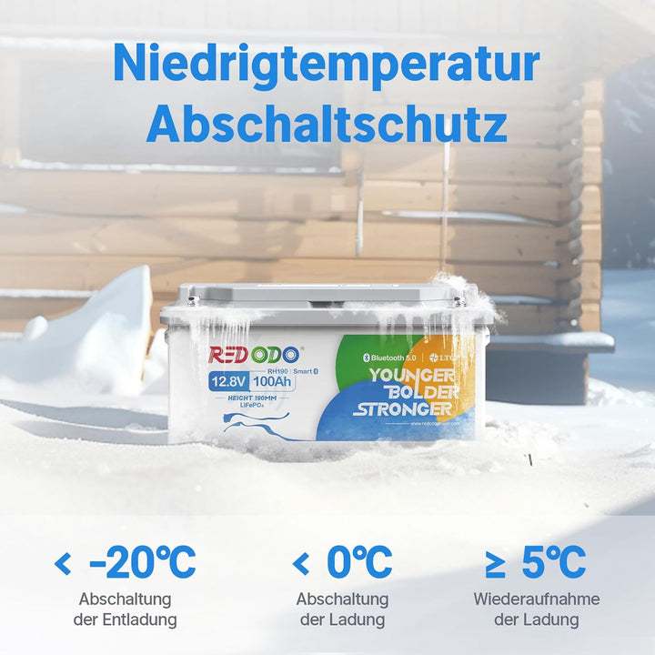 Redodo 12V 100Ah Bluetooth LiFePO4 Batterie mit 188mm Höhe, 1280Wh Tiefzyklus Lithium Batterie mit S