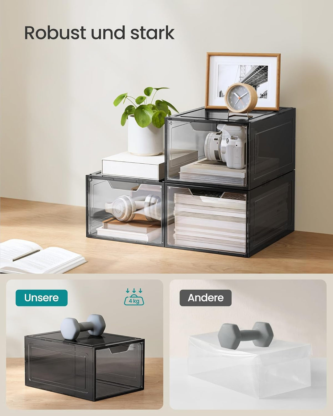 SONGMICS Schuhboxen, Schuh-Organizer aus Kunststoff, mit Tür, durchsichtig, Kunststoffboxen, 6er Set