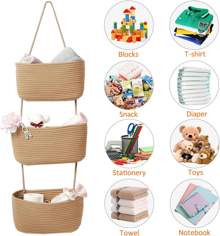 Royiwe Hängeorganizer Organizer Wand, Premium Leinen mit 3 stufiger Hängekorb aus Baumwollseil geweb