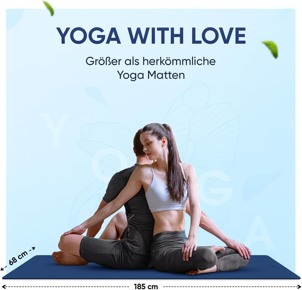 Premium Yoga-Matte STUDIO 185 x 68 x 0,4cm (extra gross) inkl. Gurt aus ECO PU & Naturkautschuk - An