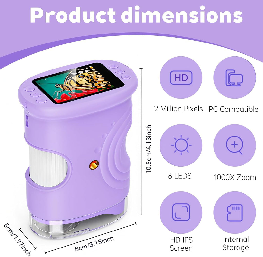 Mikroskop für Kinder, 1000x Digital Mikroskop, Taschenmikroskop Experimente für Kinder ab 6, Kinderm