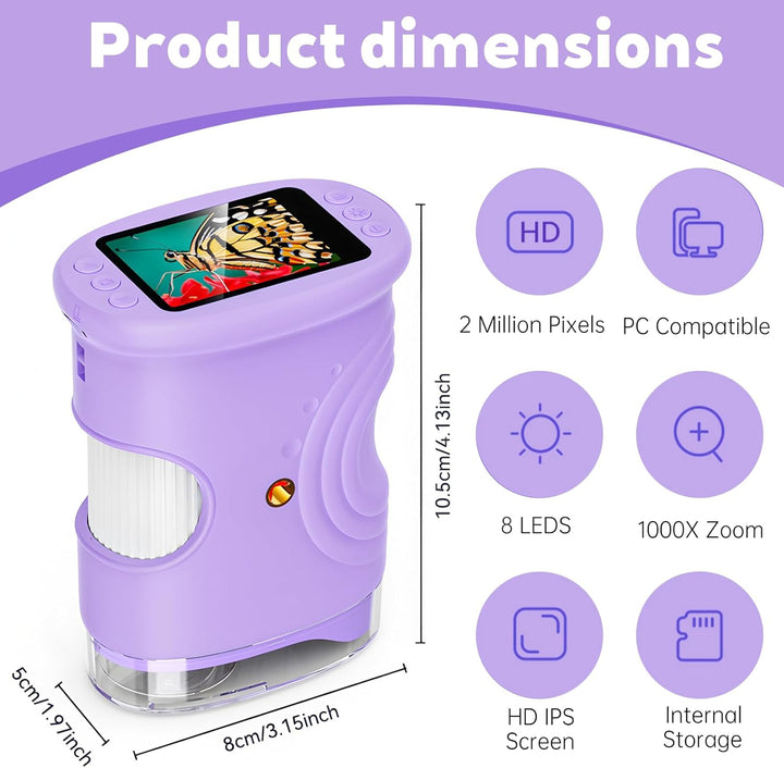 Mikroskop für Kinder, 1000x Digital Mikroskop, Taschenmikroskop Experimente für Kinder ab 6, Kinderm