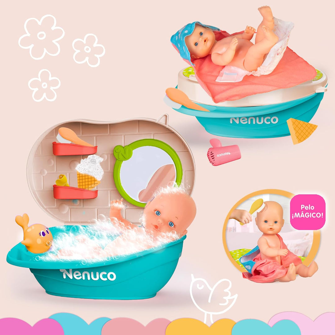 Nenuco Bad mit Blasen, Puppe 35 cm mit festem Körper und magischem Haar, mit Zubehör 2-in-1: Badewan