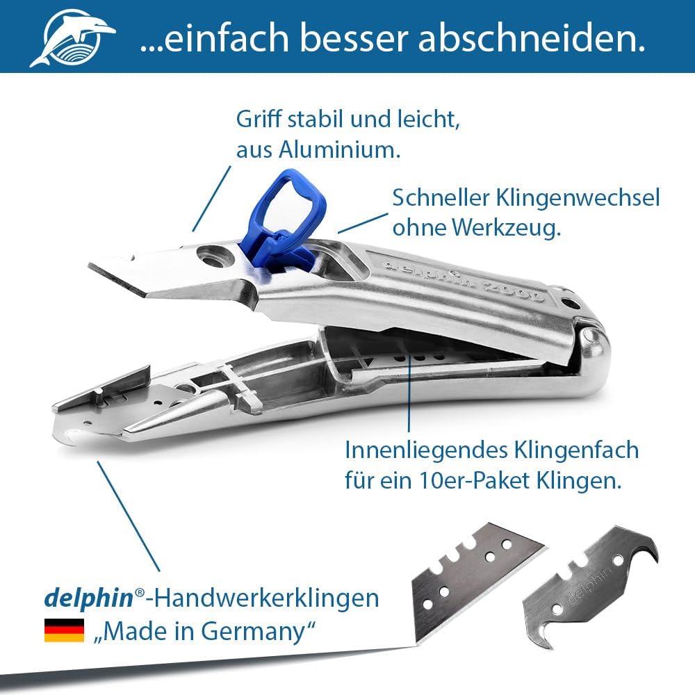 Delphin®-2000 Messer, 1 Delphin®-Hakenklingen, 1 Delphin®-Trapezklingen, Kunststoffköcher, Teppichme