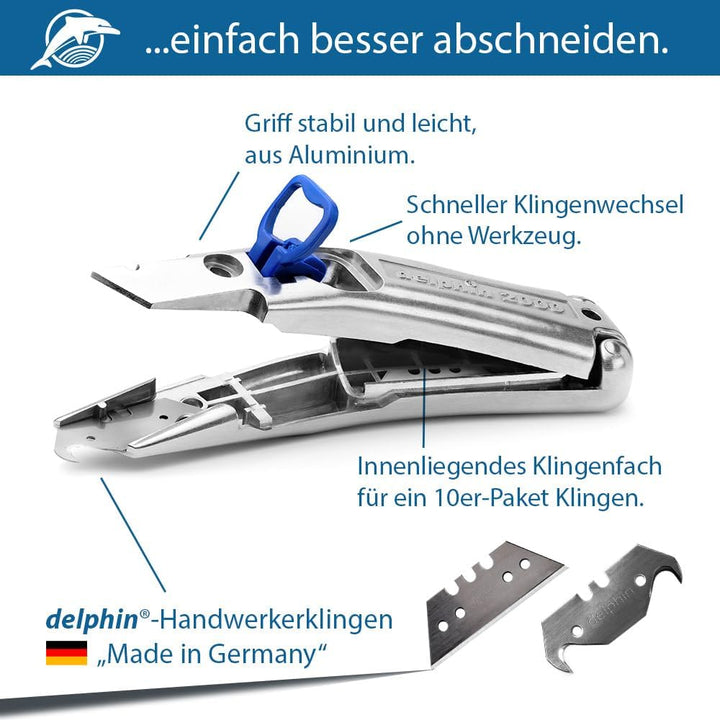 Delphin®-2000 Messer, 1 Delphin®-Hakenklingen, 1 Delphin®-Trapezklingen, Kunststoffköcher, Teppichme
