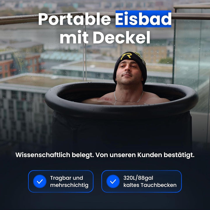 Eisbad Tonne für Athleten mit Abdeckung, 75cm tragbares Ice Bath tub für Kryotherapie, The Cold Pod