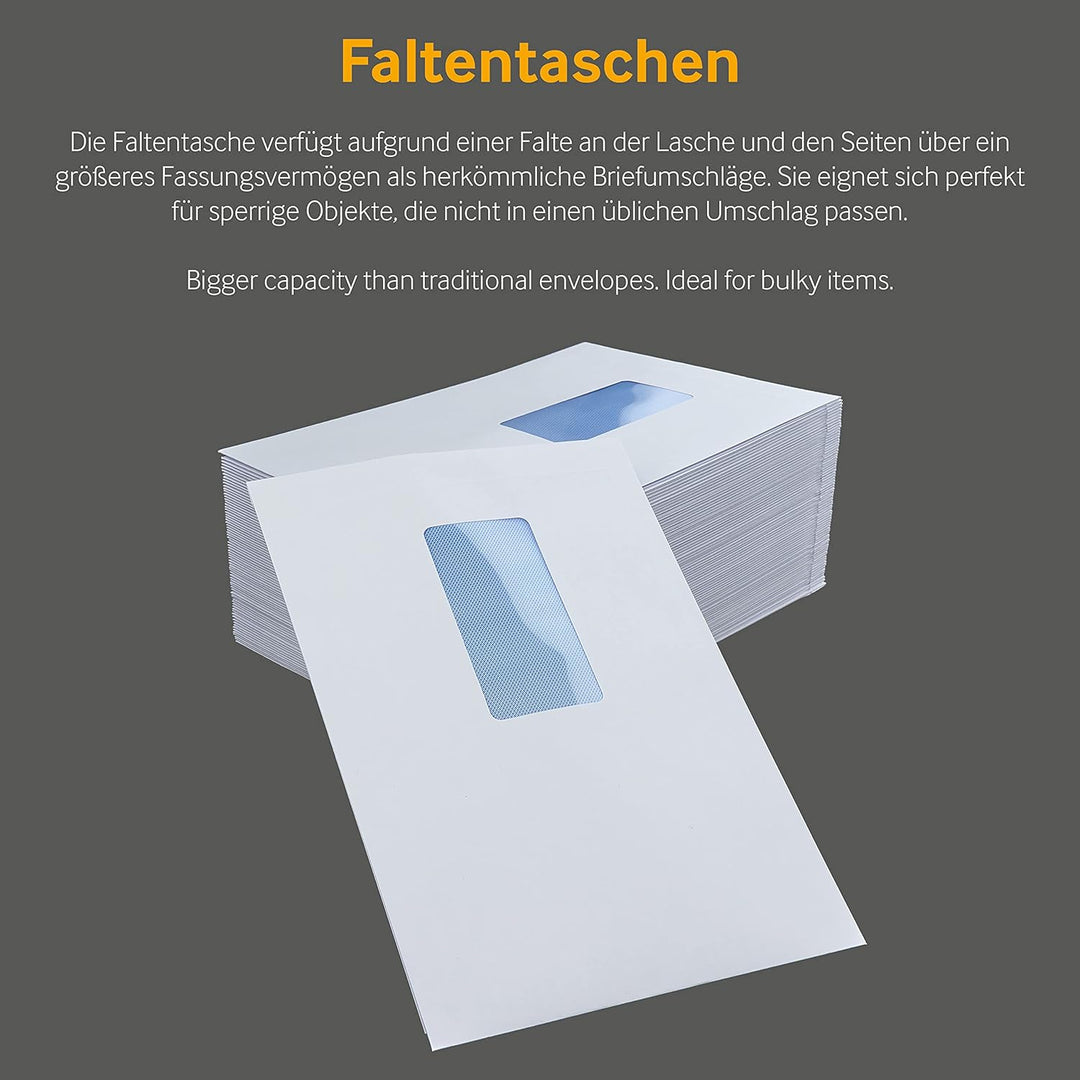Faltentaschen Versandtaschen, C5, 162 x 229 x 25 mm, weiss, 125 Stück, mit Fenster, Haftklebung mit