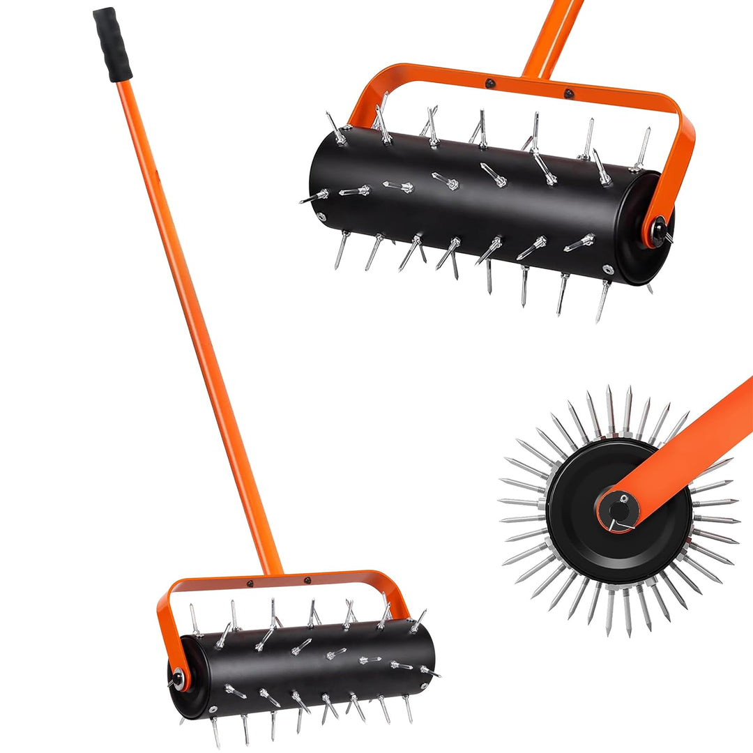 Rasenlüfter Walze, Rasenbelüfter Manuell, Handvertikutierer Rollend mit 42 Nägeln 5cm & Spritzschutz
