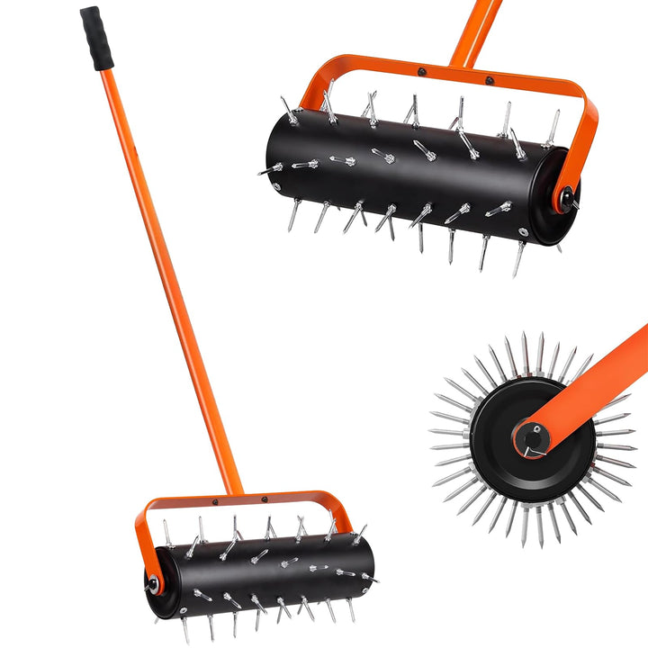 Rasenlüfter Walze, Rasenbelüfter Manuell, Handvertikutierer Rollend mit 42 Nägeln 5cm & Spritzschutz