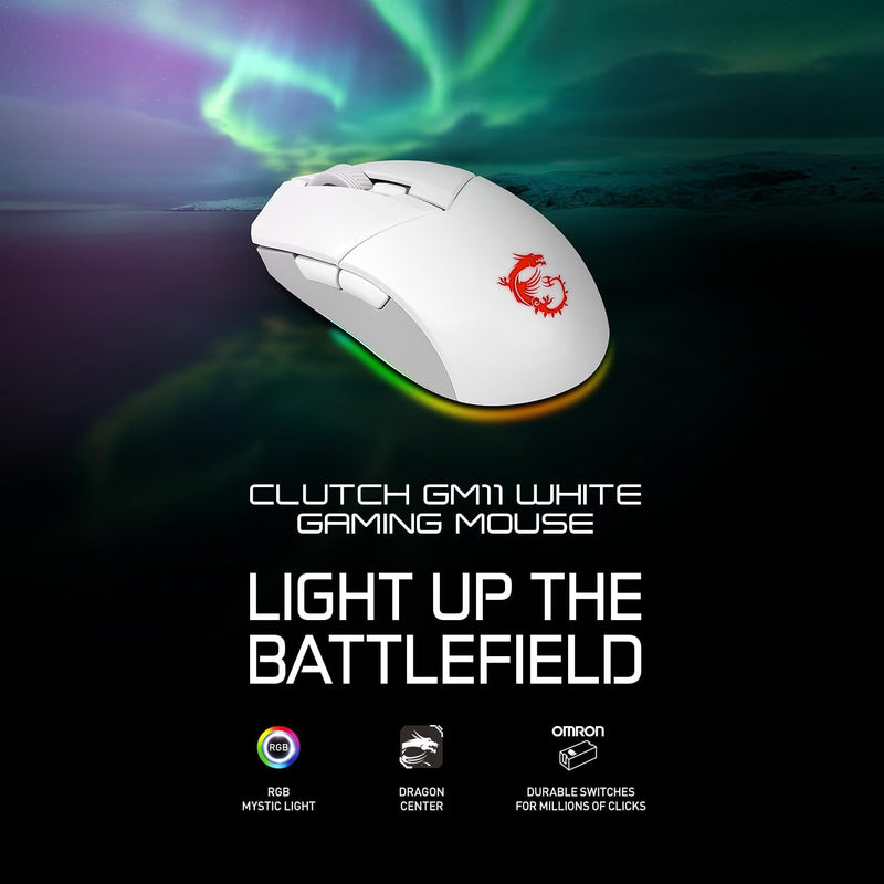 MSI CLUTCH GM11 WHITE Gaming Maus - Optischer Sensor 5.000 DPI, symmetrisch, 10Mio+ Click OMRON-Swit