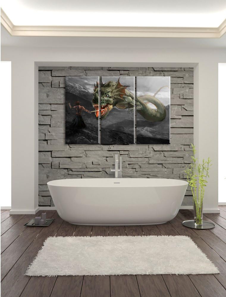 Pixxprint Drache kämpft gegen Krieger als Leinwandbild/Grösse: 3 Teilig (120x80) cm/Wandbild/Kunstdr