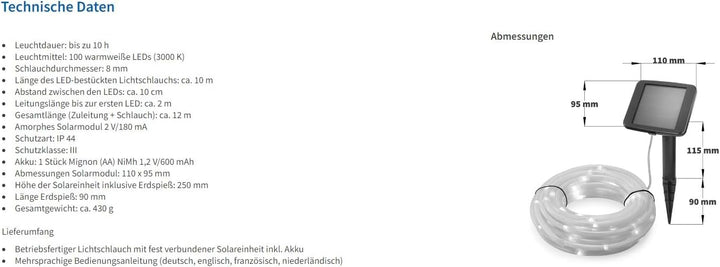 Esotec Solar Lichtschlauch, 10m, 100 LEDs, warmweiss, Zuleitung 2m, Akku, Solarmodul, Erdspiess, Win