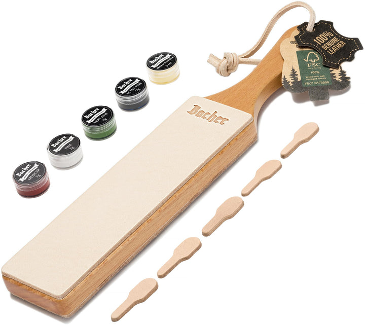 BACHER Premium Leder Streichriemen Abziehleder für Messer set mit 4 x 7g Polierpaste. Paddelgriff au
