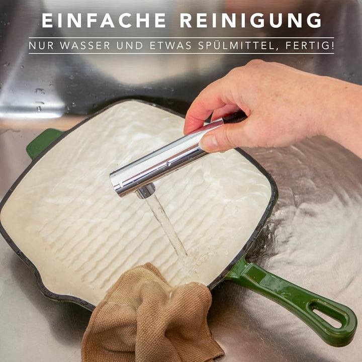 Römertopf Gusseisen Grillpfanne eckig 24 cm – Steakpfanne Emaille-Beschichtung, alle Herdarten inkl.