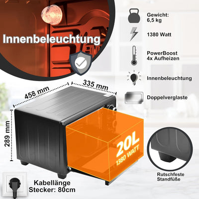 OptimumX 20 L Minibackofen, Klein mini Backofen mit Umluft, 60 Min Timer, Pizza-Ofen, 1380 W, Schwar