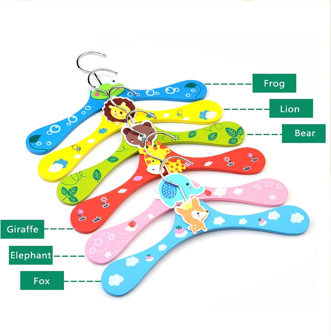 6 Stück Kinder Kleiderbügel aus Holz - Cartoon Baby Tiermotive Bunt: Giraffe, Bär, Frosch, Elefant,