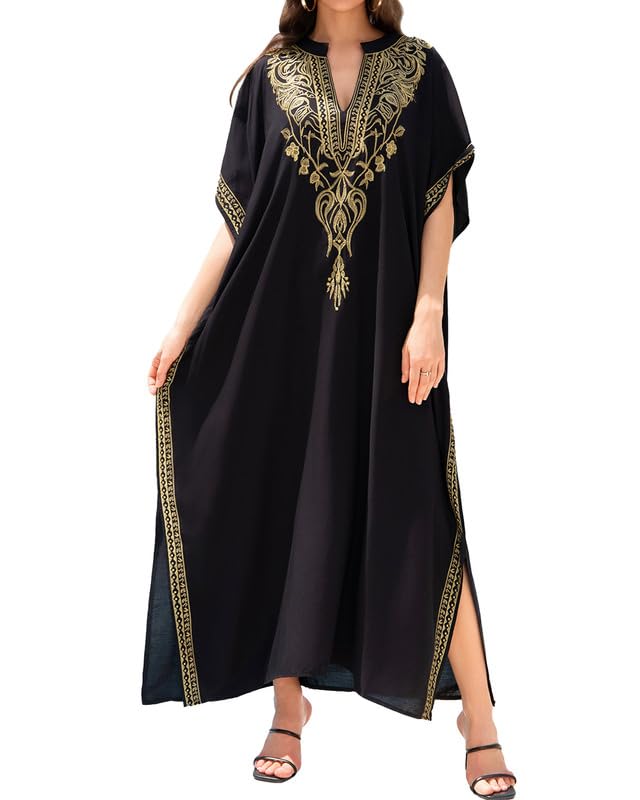 Bsubseach Damen Stickerei Kurzarm Bikini Strandkleid Side Split Beach Kaftan Kleid Goldstickerei, Go
